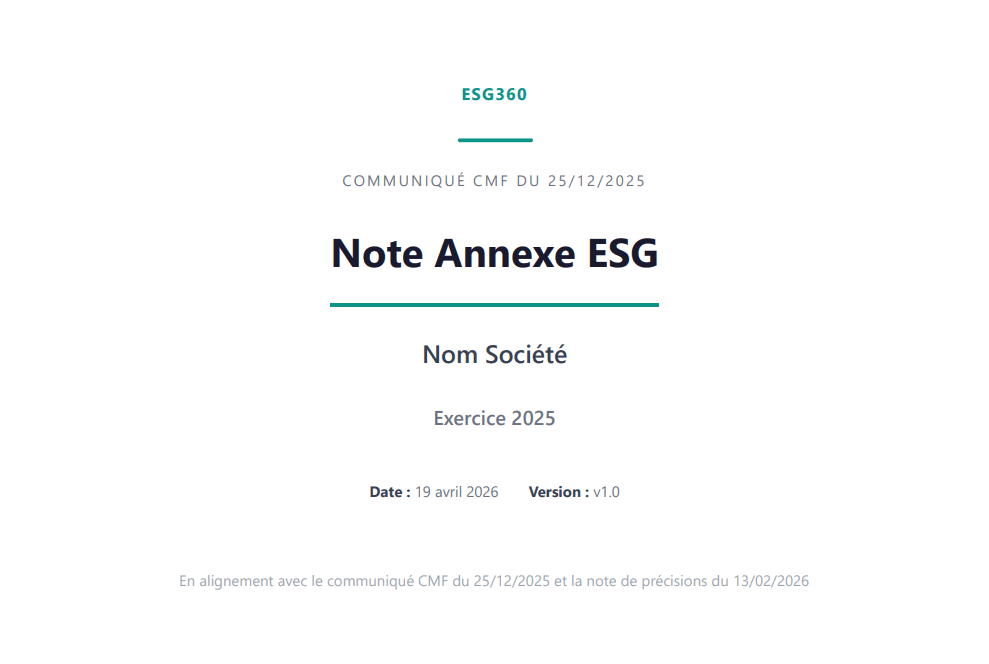 Tableau de bord ESG360 : indicateurs ESG, production de la note ESG et circuit de validation.