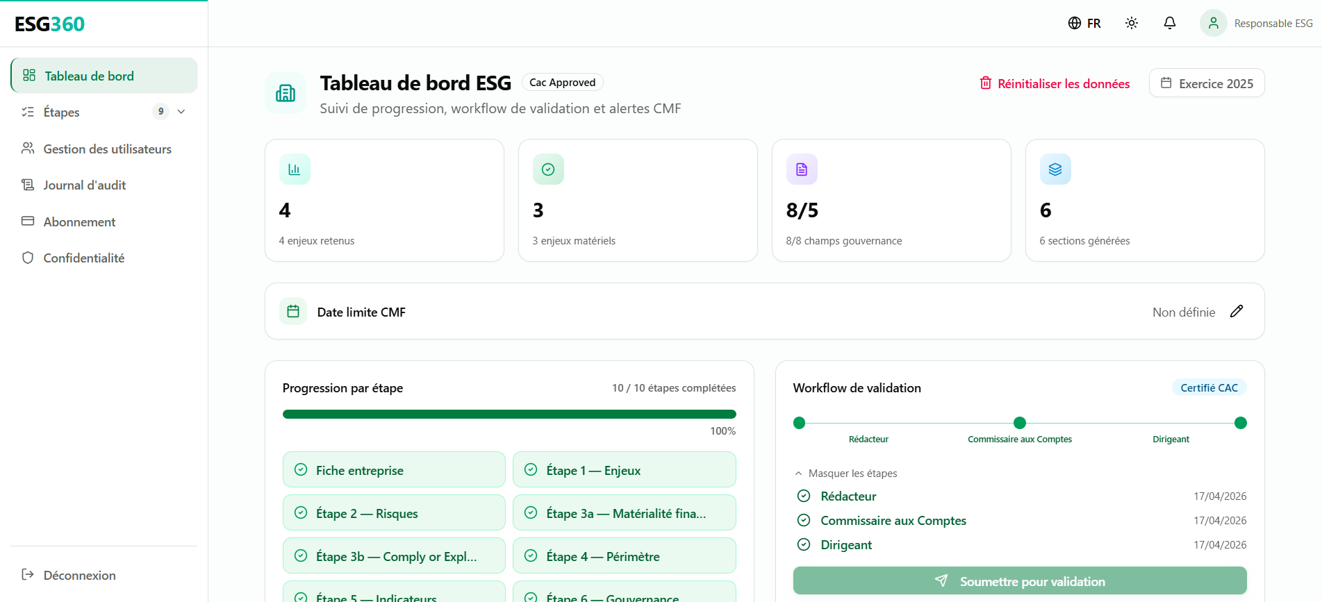 ESG360 Dashboard - Real Product Interface showing indicators, notes generation, and workflow validation